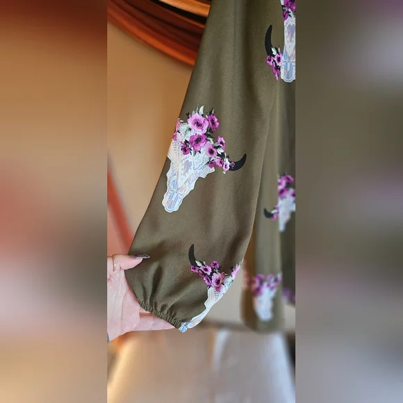 Altar'd State - Olive Green Dress w/ Purple/Pink Floral Skull Print - Picture 5 of 10